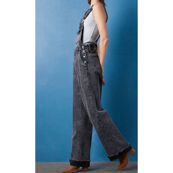 Wash Lab Storm Grey Overalls Sz‎ M NWT Wide Legs Rolled Frayed Hem WL1136J - Picture 2 of 16